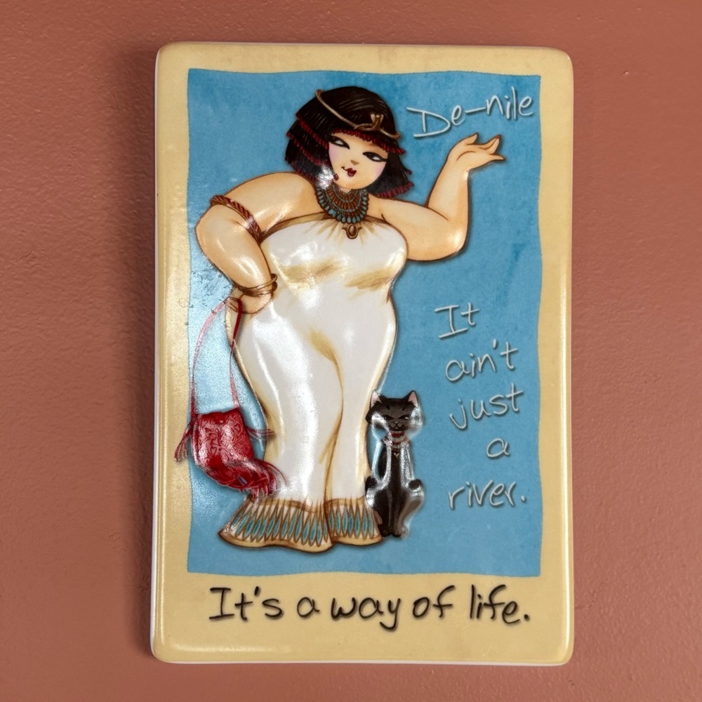 Quirky Egyptian Nile Ceramic Wall Plaque with Woman and Cat